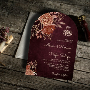 Luxurious Burgundy Floral Islamic Arch Wedding Invitation