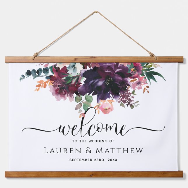 Luxurious Burgundy Floral Wedding Welcome Hanging Tapestry (Front)
