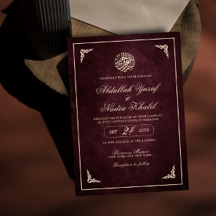 Luxurious Burgundy Gold Frame Islamic Wedding Invitation