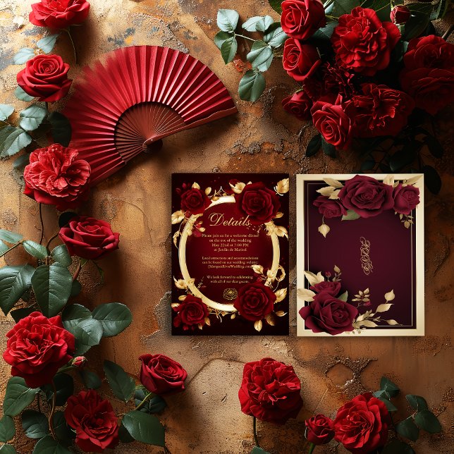 Luxurious Burgundy Red Rose Flamenco Wedding  Enclosure Card (Stunning Flamenco Burgundy Rose and Gold Details Enclosure Card )
