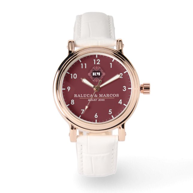  Luxurious burgundy tone monogram names Watch (Front)