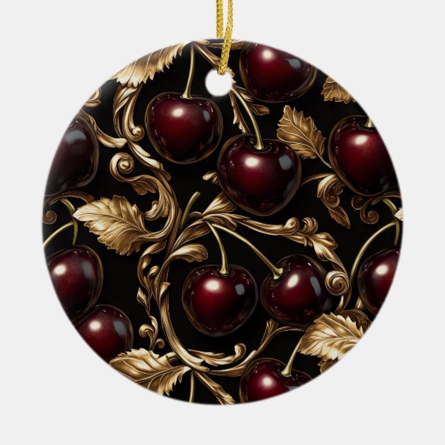 Luxurious Cherry and Gold Baroque Seamless Pattern Ceramic Tree Decoration (Front)