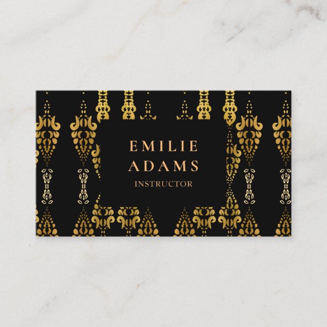 Luxurious Chic Black and Faux Gold Ornamental Business Card (Front)