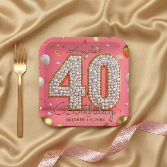 Luxurious Chic Pink Gold and Pearls 40th Birthday Paper Plate (Creator Uploaded)