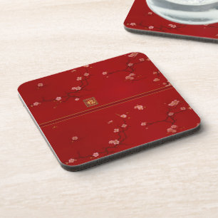 Luxurious Chinese Red Cherry Blossom New Year Coaster