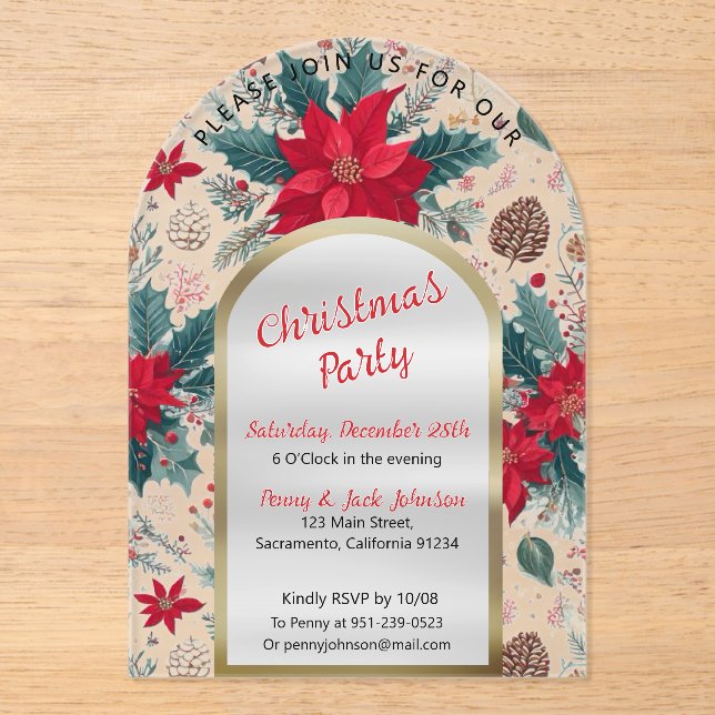 Luxurious Christmas poinsettias pattern frosted Acrylic Invitations (Front)