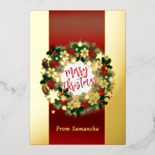 Luxurious Christmas wreath personalizable gold Foil Holiday Card