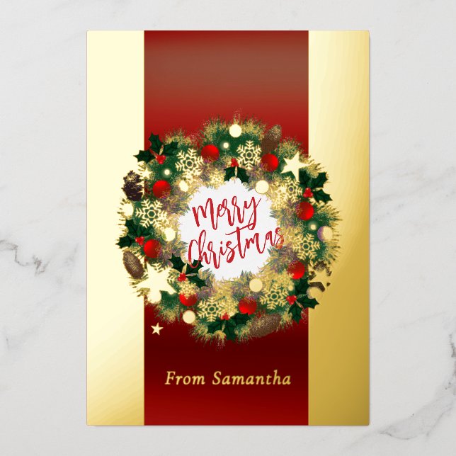 Luxurious Christmas wreath personalizable gold  Foil Holiday Card (Front)