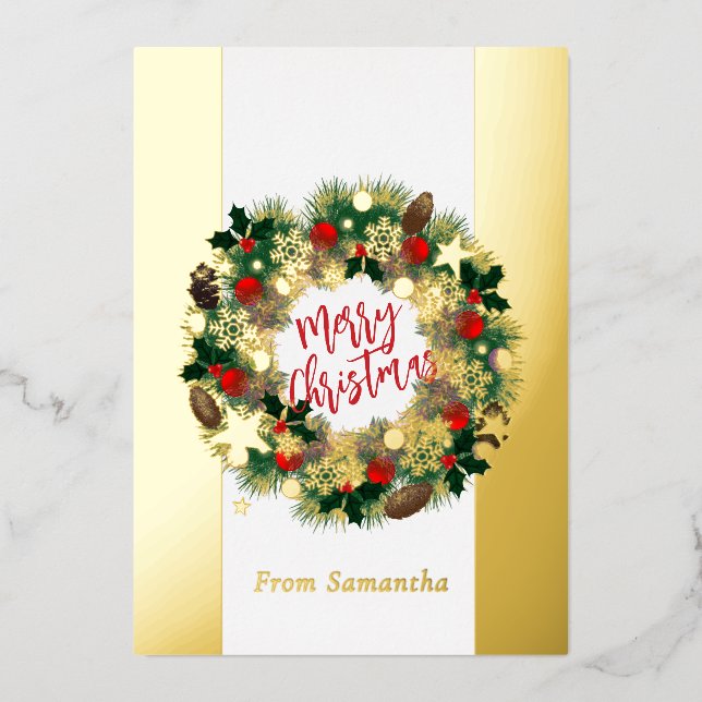 Luxurious Christmas Wreath Personalizable Gold Foil Holiday Card (Front)