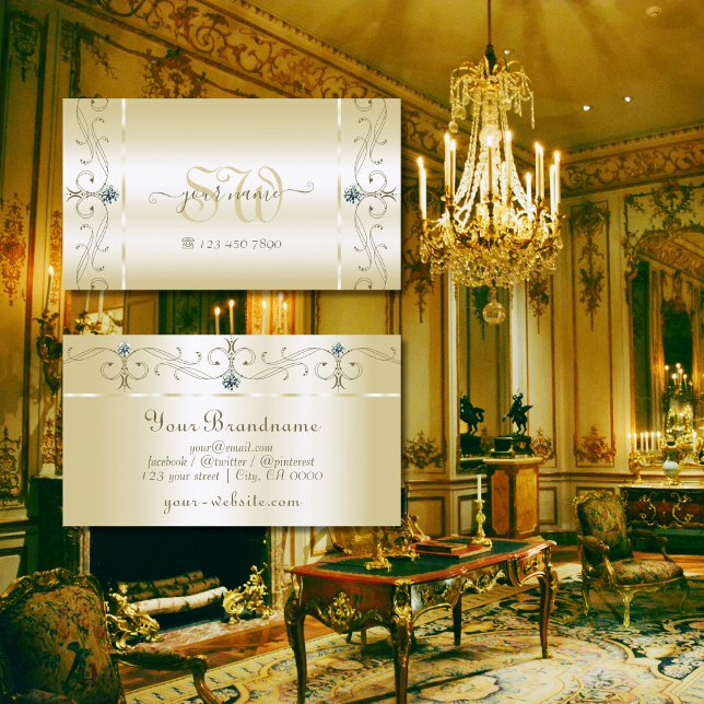 Luxurious Cream Gold Squiggled Jewels and Monogram Business Card (Creator Uploaded)