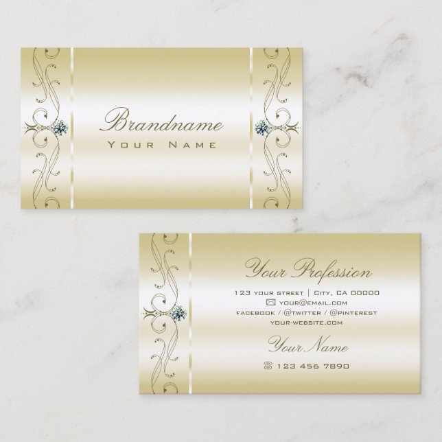 Luxurious Cream Gold Squiggled Jewels Ornamental Business Card (Front/Back)