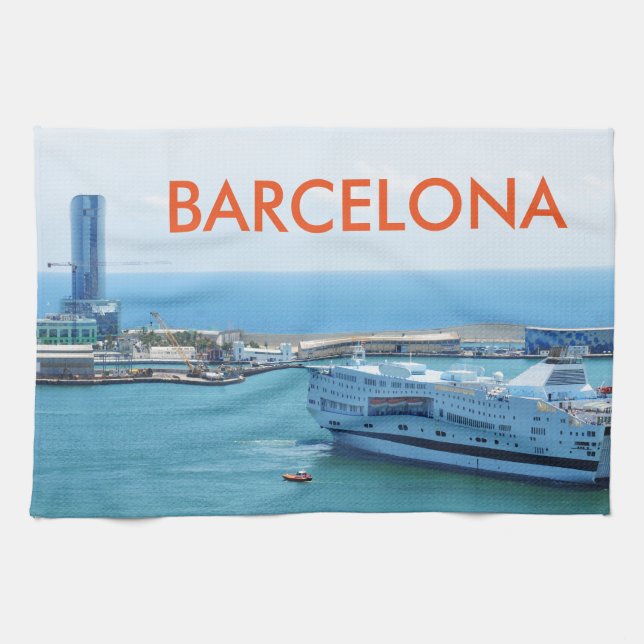 Luxurious cruise ship leaving Barcelona harbour Tea Towel (Horizontal)