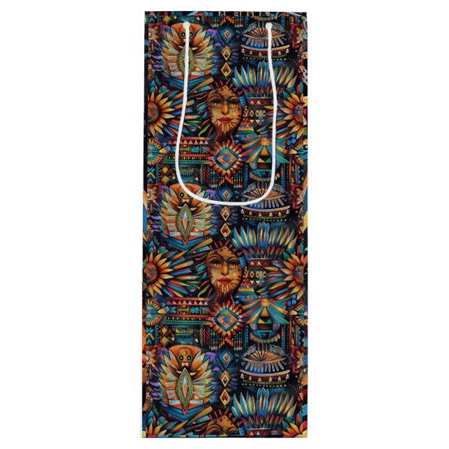 Luxurious Cyan "Pre-Columbian Tapestry" Wine Carri Wine Gift Bag (Front)