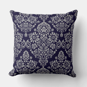 Luxurious Damask Floral Pattern on Very Deep Blue Cushion