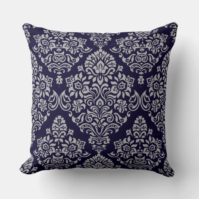 Luxurious Damask Floral Pattern on Very Deep Blue Cushion (Front)