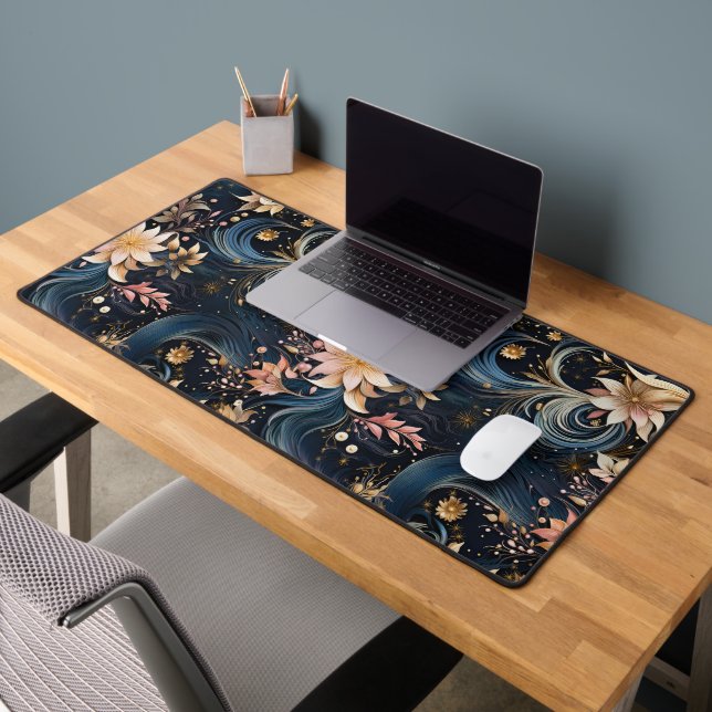 Luxurious Dark Blue Botanical Garden Desk Mat (Office 2)