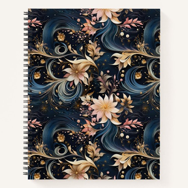 Luxurious Dark Blue Botanical Garden Notebook (Front)