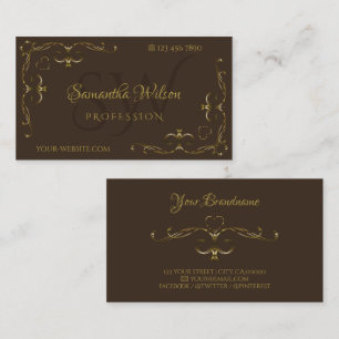 Luxurious Dark Brown Gold Ornate Corners Initials Business Card