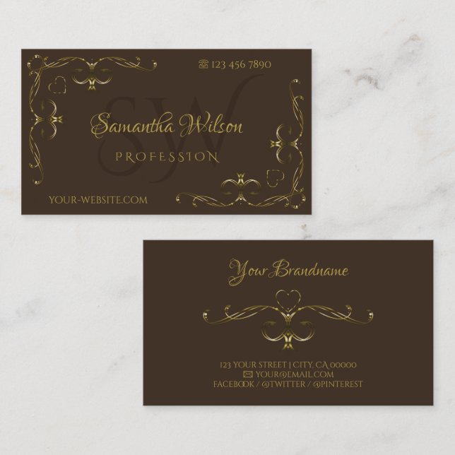 Luxurious Dark Brown Gold Ornate Corners Initials Business Card (Front/Back)