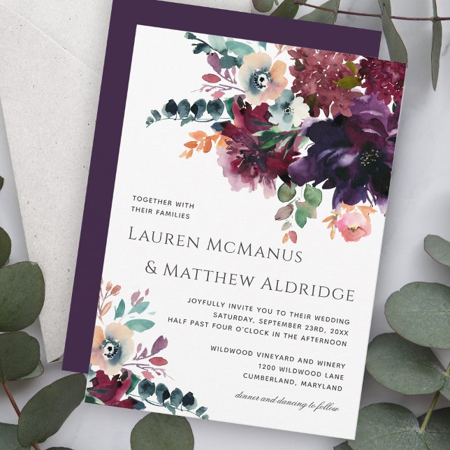 Luxurious Dark Purple Watercolor Bouquet Wedding Invitation (Creator Uploaded)
