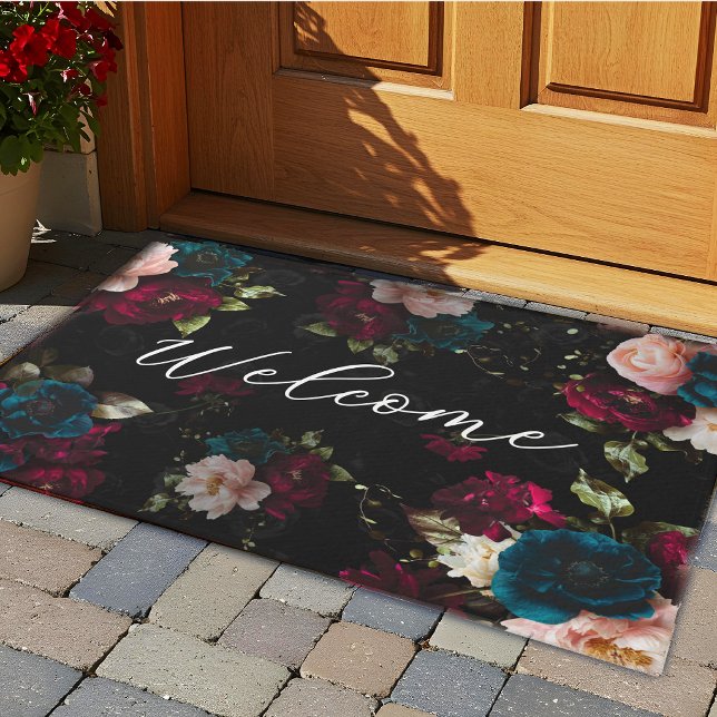 Luxurious Dark red turquoise Floral Art monogram Doormat (Creator Uploaded)