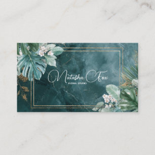 Luxurious Dark Teal Marble Gold Tropical Floral Business Card