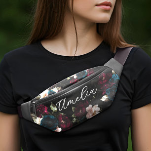 Luxurious Dark Turquoise Red Floral Monogram Bum Bags