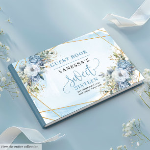 Luxurious Dusty Blue White Gold Flowers Sweet 16th Guest Book
