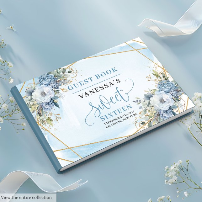 Luxurious Dusty Blue White Gold Flowers Sweet 16th Guest Book (Luxurious Dusty Blue White Gold Flowers Sweet Sixteen Guest Book)