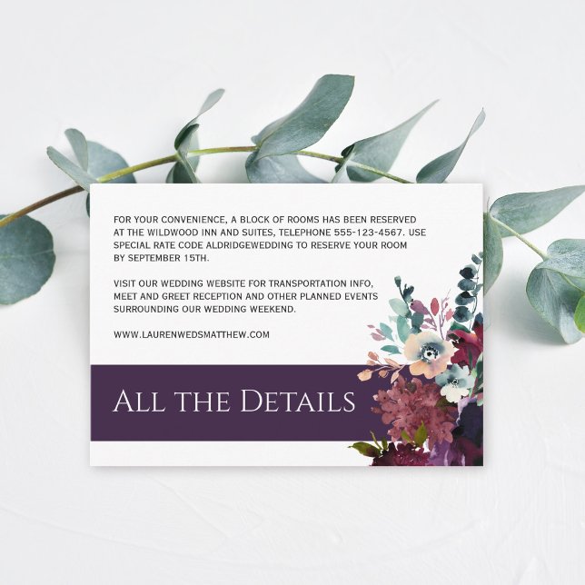 Luxurious Eggplant Purple Floral Wedding Details Enclosure Card (Creator Uploaded)