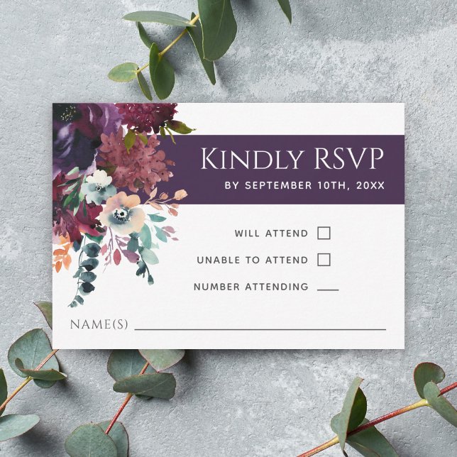 Luxurious Eggplant Purple Floral Wedding RSVP (Creator Uploaded)