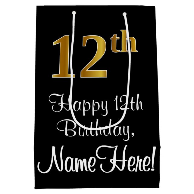 Luxurious, Elegant, Faux Gold Look 12th Birthday Medium Gift Bag (Back)