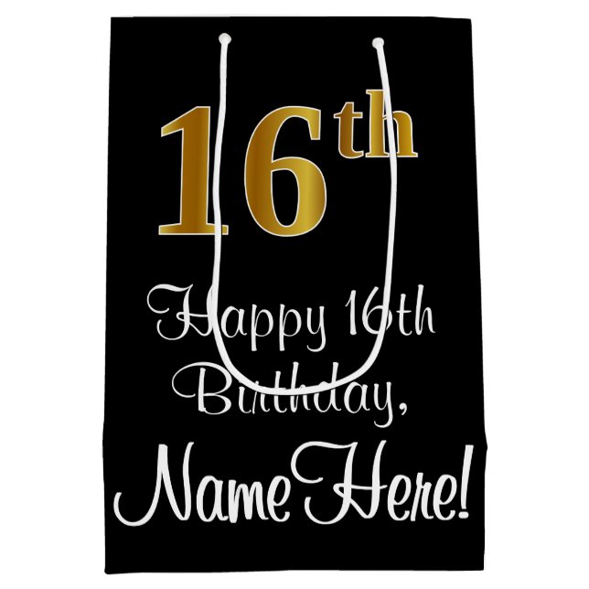 Luxurious, Elegant, Faux Gold Look 16th Birthday Medium Gift Bag (Back)