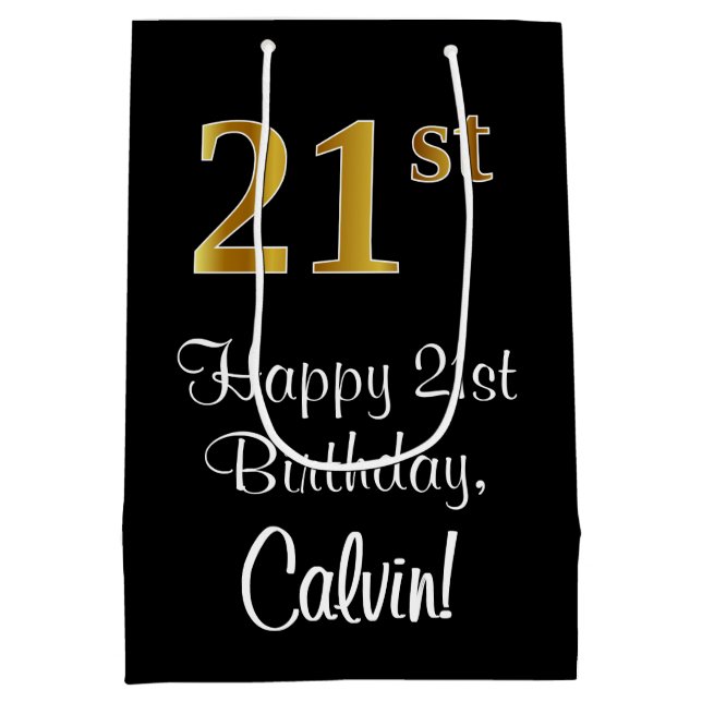 Luxurious, Elegant, Faux Gold Look 21st Birthday Medium Gift Bag (Back)
