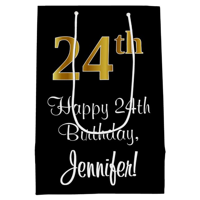 Luxurious, Elegant, Faux Gold Look 24th Birthday Medium Gift Bag (Back)