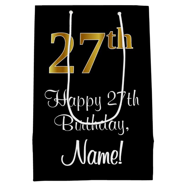 Luxurious, Elegant, Faux Gold Look 27th Birthday Medium Gift Bag (Back)