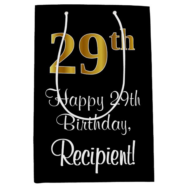 Luxurious, Elegant, Faux Gold Look 29th Birthday Medium Gift Bag (Front)