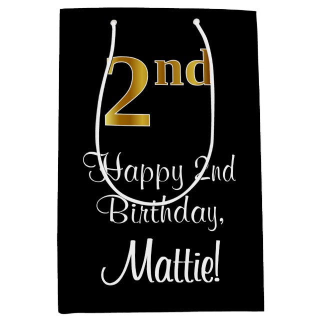 Luxurious, Elegant, Faux Gold Look 2nd Birthday Medium Gift Bag (Front)