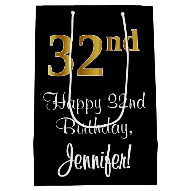 Luxurious, Elegant, Faux Gold Look 32nd Birthday Medium Gift Bag (Back)