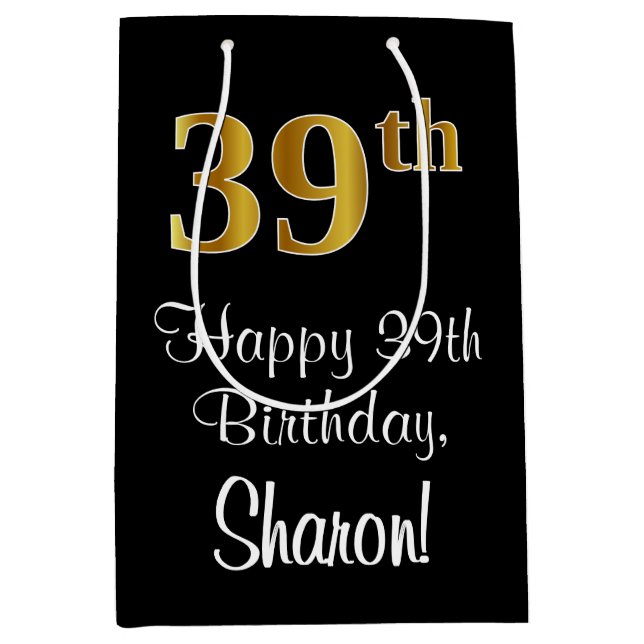 Luxurious, Elegant, Faux Gold Look 39th Birthday Medium Gift Bag (Front)