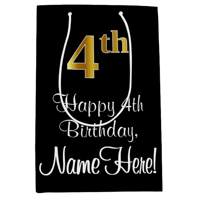 Luxurious, Elegant, Faux Gold Look 4th Birthday Medium Gift Bag (Front)
