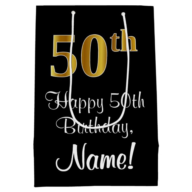 Luxurious, Elegant, Faux Gold Look 50th Birthday Medium Gift Bag (Back)