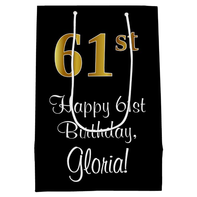 Luxurious, Elegant, Faux Gold Look 61st Birthday Medium Gift Bag (Back)