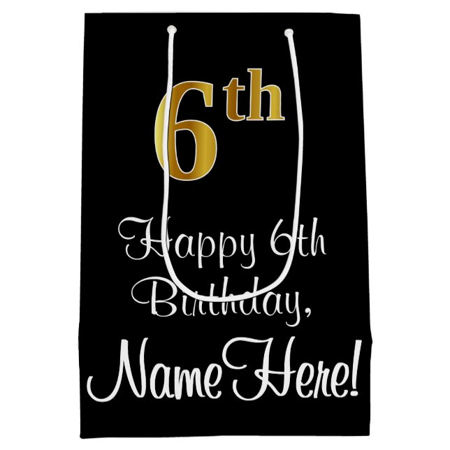 Luxurious, Elegant, Faux Gold Look 6th Birthday Medium Gift Bag (Back)