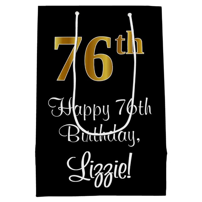 Luxurious, Elegant, Faux Gold Look 76th Birthday Medium Gift Bag (Back)