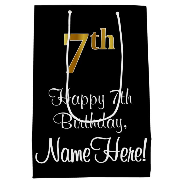 Luxurious, Elegant, Faux Gold Look 7th Birthday Medium Gift Bag (Back)