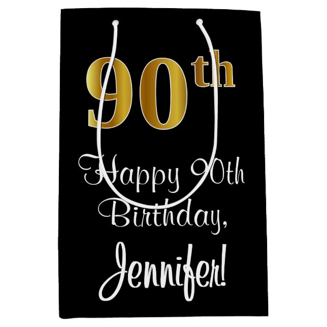 Luxurious, Elegant, Faux Gold Look 90th Birthday Medium Gift Bag (Front)