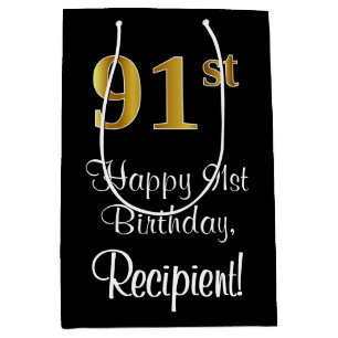 Luxurious, Elegant, Faux Gold Look 91st Birthday Medium Gift Bag
