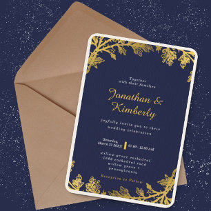 Luxurious Elegant Navy & Gold Floral Wedding Invitation