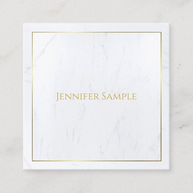 Luxurious Elegant White Marble Gold Text Modern Square Business Card (Front)